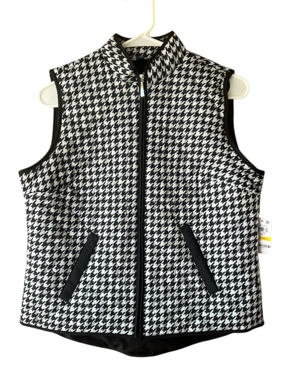 Karen Scott Lightweight Quilted Vest Houndstooth Black/Light Gray Sz Pet Med NWT
